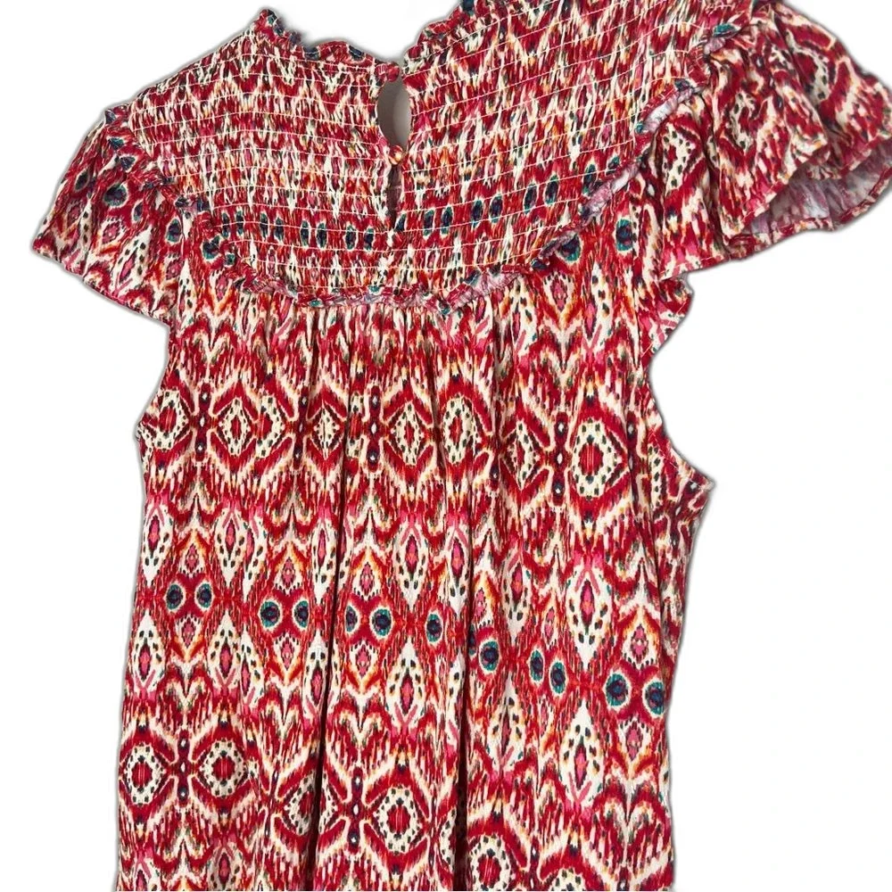 Rose & Olive Boho Smocked Flutter Sleeve Tribal Print Blouse SZ L Western Aztec - Picture 8 of 14